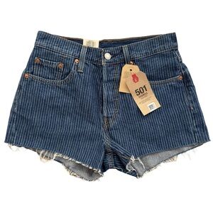 NWT Women’s Levi’s 501 High Rise Striped Blue Denim Raw Hem Shorts Button Fly 25